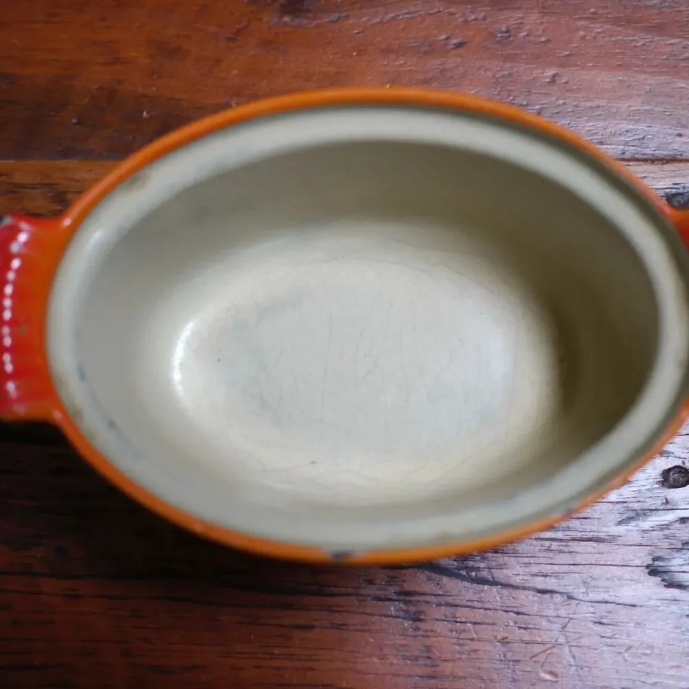 Vtg HUSQVARNA Flame Red Orange Enamel Cast Iron Small Dutch Oven Baking Dish